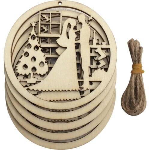5pcs 10cm Hollow Wooden Embellishments Crafts Christmas Tree Hanging Ornament Wood Slices Cutouts for Xmas Tree Ornaments