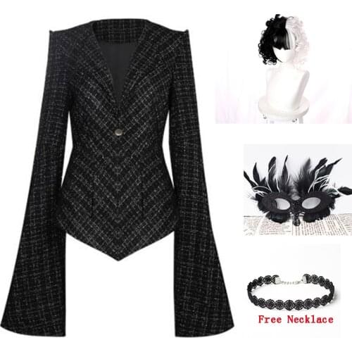 Anime Cosplay Costumes Black Coat Cruella de Vil Jackets Long Flared Sleeves Dreses Uniform Woman Costume Movie Halloween Party