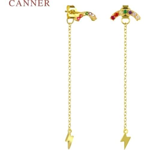 CANNER Earrings For Women S925 Silver Fancy Diamond Rainbow Tassel Lightning Piercing Stud Earring Pendiente Fine Jewelry Joyero