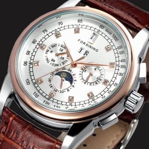 FORSINING Mens Fashion Business Sun Moon Phase Watch Luxury Famous Brand Automatic Mechanical Watches for Men