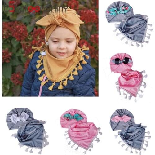 Balleenshiny Childrens Rabbit Ears Hat Scarf Set Autumn and Winter Baby Hat With Bib Triangle Scarf Baby Headwear Kids Hats
