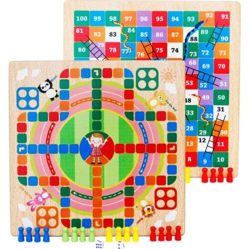 Double-sided two-in-one wood Snake & Ladders game Flight chess Childrens Educational toys Desktop games Chess board game Toys