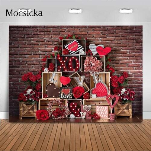 Valentines Day Red Brick Wall Backdrop for Photography Props Red Rose Flowers Love Heart Decor Photo Booth Background Studio