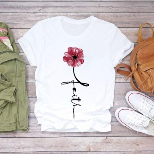 Women T-shirts Flower Letter Faith Short Sleeve Cute 90s Short Sleeve Print Lady Womens Stylish T Top Shirt Girl Tee T-Shirt