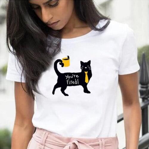 You'Re Fired Black Cat Print T Shirt Women Tops Fashion Cartoon Summer Tee Shirt Femme Casual Harajuku Tshirt Camiseta Mujer
