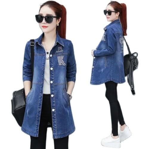 Womens Denim Jacket Mid Long Lapel Single-Breasted Casual Female Windbreaker New 2021Spring Autumn Ladies Denim Outerwear R304