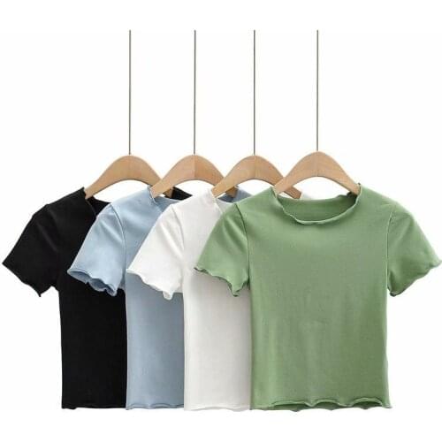 Summer T-Shirts Women Slim Womans T-shirt Female Sexy O-Neck Shirring Solid Fashion Basic Shirts Casual Tee Tops