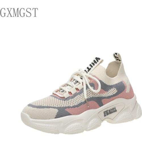 HOT 2021 Womens Breathable Knit Light Weight Sneakers Running Shoes with Chunky Soles Breathable Casual Running