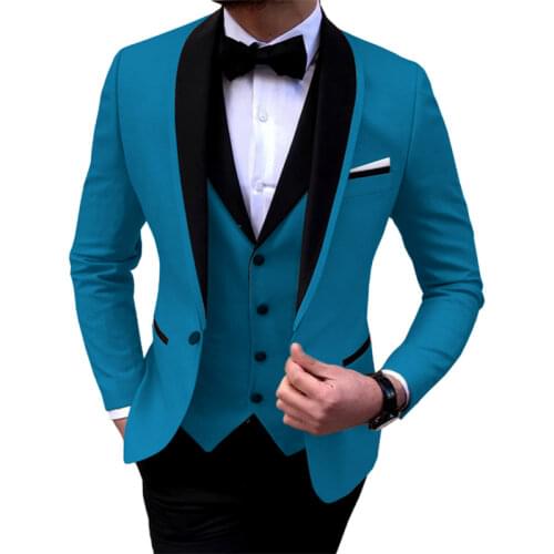 Blue Slit Mens Suits 3 Piece Black Shawl Lapel Casual Tuxedos for Wedding Groomsmen Suits Men 2020 (Blazer+Vest+Pant)