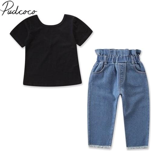 2018 Brand New Toddler Baby Girls Summer Clothes Sets 2PCS Short Sleeve Black T-shirts Tops Blue Elastic Waist Pants Outfit 1-6Y