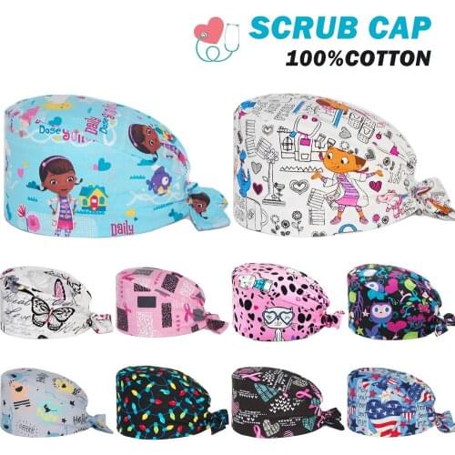 Wholesale Anime Scrubs Cap Cotton Cartoon Print Nursing Caps Beauty Salon Dental Clinic Lab Nurse Work Accessories Surgicals Hat