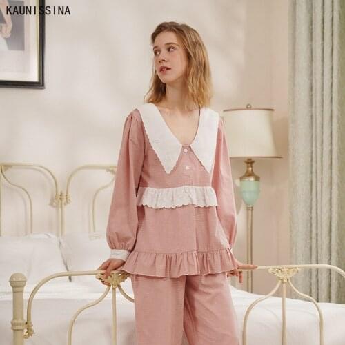 Womens Long Sleeve Pajama Sets Soft Comfortable Long Pants Lounge Nightwear Cotton Pajamas Lace Sweet Girls Loose Sleepwear