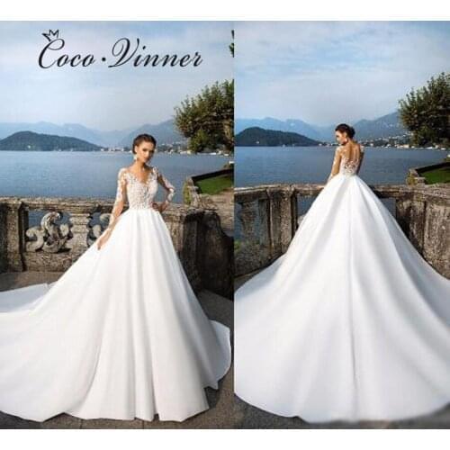 Long Sleeve Embroidery Appliques Bride dress Court Train robe de mariee Elegant Arab A line Satin Wedding Dresses Women W0280