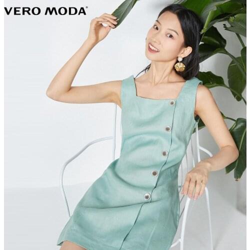 Vero Moda Women Vintage 100% Linen Button Decoration Wide Shoulder Strap Tank SleevelessDress | 32027A531