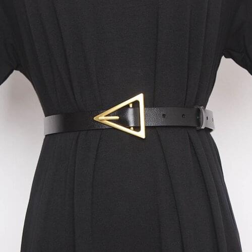 New Women Genuine Leather Thin Belt Fashion Metal Triangle Buckle Waist Strap High Quality Ladies Jeans Dress Decoration Belts