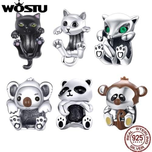 WOSTU 925 Sterling Silver Cute Cat Fox Panda Beads Charms Pendant Fit Original Bracelets Women Party Fashion DIY Jewelry Gift