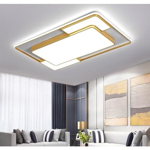 Modern LED Metal Ceiling Light Gold Rectangular Lamp Acrylic Shades Dimmable Square Lighting for Bedroom Living Room Kitchen