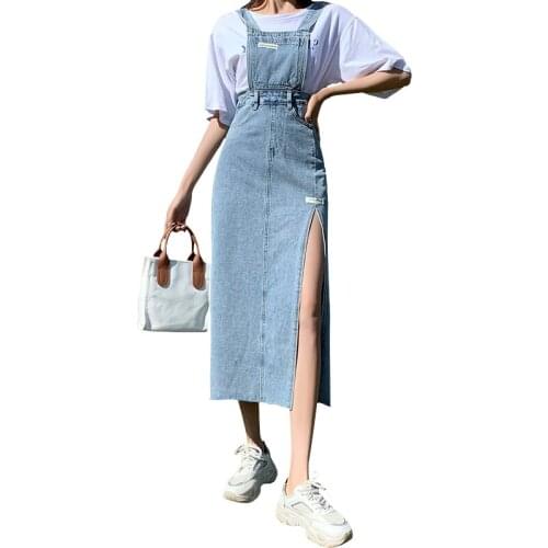 Loose retro slim side slit denim strap dress mid-length suspender dress women 2021 summer fashion womens clothing