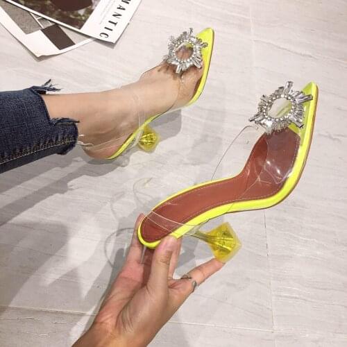 H44 Yellow PVC Transparent Women Pumps Crystal Pointy Toe High Heels Shoes Woman Perspex Spike Heel Back Strap Pumps Sandals