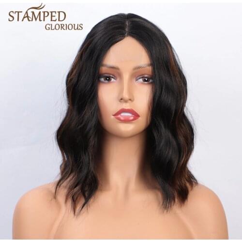 Stamped Glorious 14inches Middle Part Natural Wave Short Wig Mixed Brown and Black Lace Wig Synthetic Wigs for Black Women