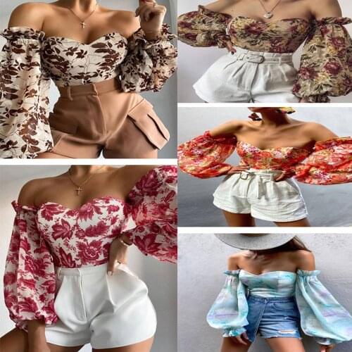 Sexy Slash Neck Chiffon Blouse Tops Summer Women Long Lantern Sleeve Shirt Tops WDC7356