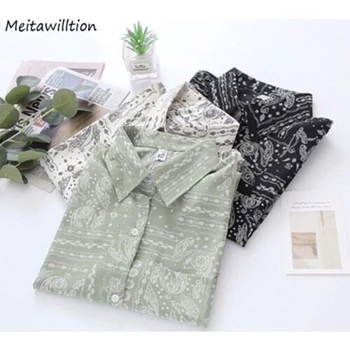 2021 Women Vintage Print Blouse Shirt Elegant Office Ladies Tops Casual Korean Long Sleeve Loose White Shirts