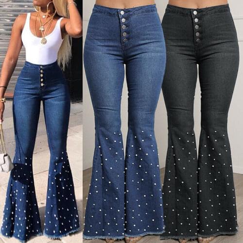 Womens Flare Denim Trousers High Waist Button Beaded Jeans Bell Bottom Pants Wide Leg Stretch Denim Pants Cowboy Long Pants
