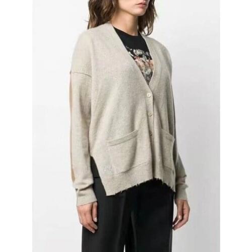 Women Sweater 2021 Fall/Winter Contrasting Color V-Neck Single-breasted Short Front and Long Back Pockets 100% Cashmere Sweater