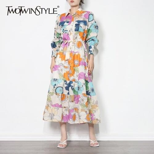 TWOTWINSTYLE Floral Print Loose Dress For Women Lapel Long Sleeve Gathered Waist Lace Up A Line Midi Dresses Females Summer 2021