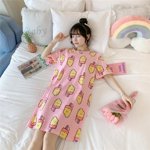 2020 Summer Night Dress Women Plus Size Nightgown Cartoon Print Sleepshirts Short-sleeves Nightie Nightdress Cotton Sleepwear