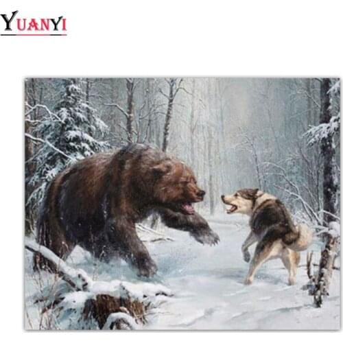 5D Full Round Diamond Embroidery Cross Stitch Animal Bear Wolf Full Square Diamond Painting DIY 3D Mosaic Forest Snow Decor