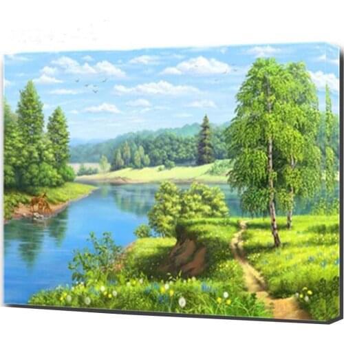 Diamond painting cross stitch forest spring landscape diamond embroidery natural lake tree bead 3d picture of rhinestones Mosaic