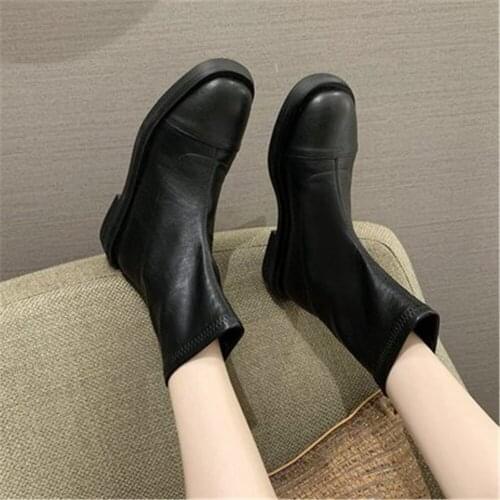 Women Block Low Heels Ankle Boots 2021 Autumn Female Round Toe Back Zipper Chelsea Boots Fashion Soft Leather Shoes Black Beige
