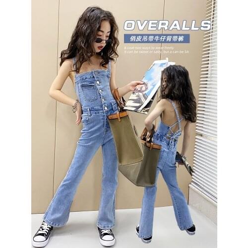 Girls' Elastic Denim Suspenders 2021 Summer New CUHK Style Retro Niche Design Micro Bra Pants toddler bell bottoms