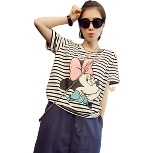 Disney Summer Mickey Mouse women Cartoon T-shirt fashion striped cartoon Harajuku short sleeve Camisetas Verano Mujer clothes