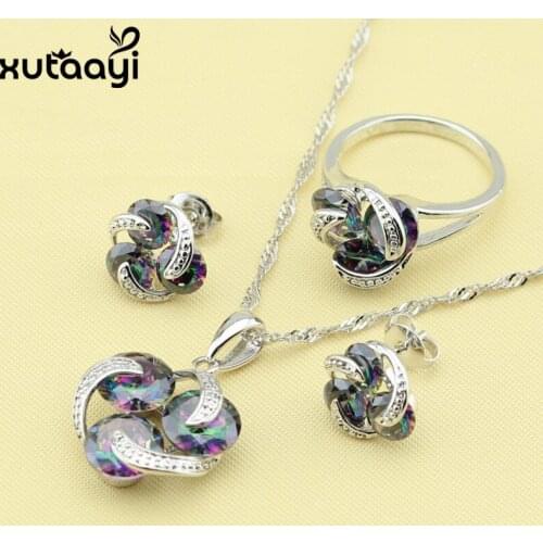 Perfect Silver Women Fashion Health Jewelry Sets ,Flower Rainbow Multicolor Stones Stud Earrings Rings Necklace Pendant
