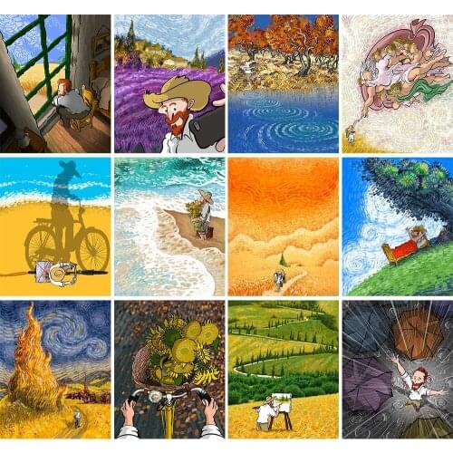 Van Goghs Happy Life Illustration DIY Digital Painting Hand-Painted Oil Painting Unique Gift Modern Home Decoration Photo Frame