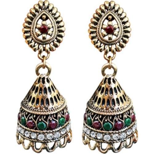 Milangirl Boho Style Vintage Antique Gold Color Hollow Long Bell Inlaid Crystal Rhinestone Zircon Metal Dangle Earrings