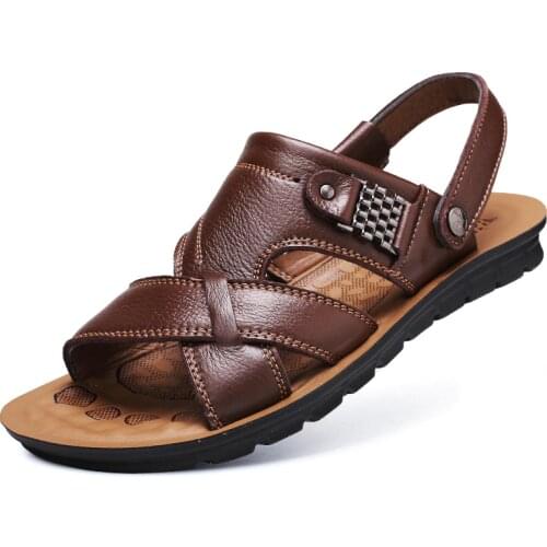 Genuine Leather Mens Sandals Open Toe Slip On Fashion Casual Shoes Men Men Slippers Roman Summer Beach Sandals Plus Size 38-48