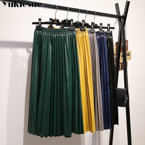 2018 new women pu leather pleated skirt half-length retro high-waisted slim organ leather skirt pleated long skirt female
