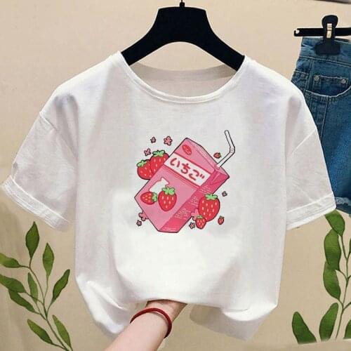 2021 Summer New Womens T-Shirt Japanese Strawberry Milk Drink Short-Sleeve Harajuku Kawaii Graphic T-Shirt Camisetas Mujer