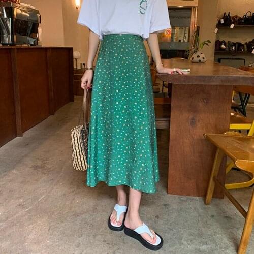 2021Autumn New Korean Elastic High Waist Slimming Retro Floral Skirt Casual Loose Sweet All-matc A-line Long Skirt Free Shipping