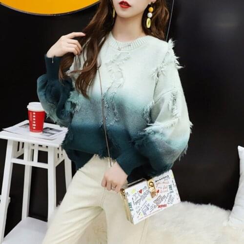 2021 Autumn New Fashion Sweet Women Loose Casual Gradient Tassel Knit Pullover Sweater O Neck Lantern sleeve Bottoming Knitwear