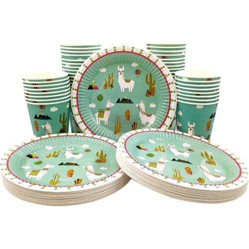Party supplies 96pcs Alpaca party kids birthday party tableware set, 48pcs dessert plates dishes and 48pcs cups glasses