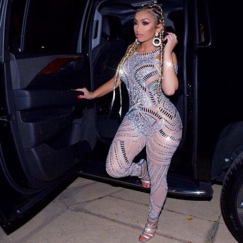 Luxurious Pearl Rhinestone Mesh Jumpsuit Women Birthday Celebrate Party Outfit Sexy Nightclub Dance Costume Singer Show Wear