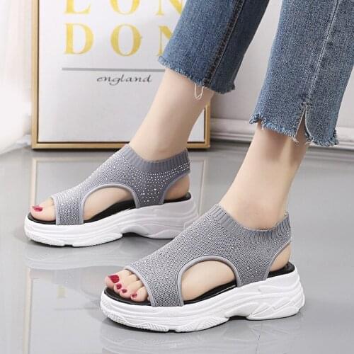Womens Casual Sandals Wedge Heel Shoes Summer Thick-soled Sandals Womens Shoes Womens Open-toe Knitted Womens Sports Shoes