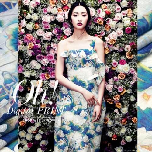 140cm wide 13.5mm blue lotus leaves print silk linen fabric for summer shirt dress a little transparent and hard fabric