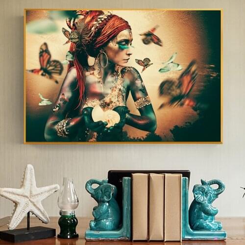 Modern African Tribe Woman With Butterfly Posters And Prints Canvas Painting On Wall Art Picture For Home Decor Living Room