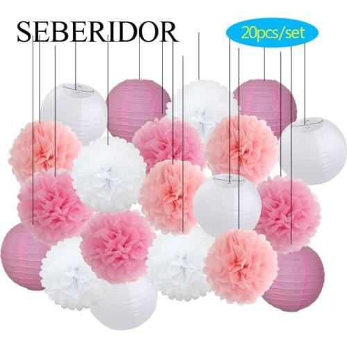 Wedding Decoration 20pcs/set 6" 8" 10" 12" Pink Round Paper Lantern Boy Girl Baptism DIY Decor Yellow Blue Green Tissue Pompoms
