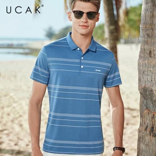 UCAK Brand Classic Turn-down Collar Striped T-Shirt Men Clothes Summer New Fashion Style Streetwear Casual Cotton Tee Tops U5598